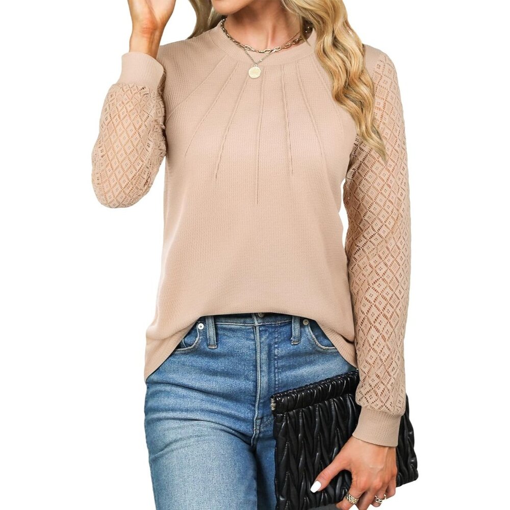 Women's Waffle Knit Tops Dressy Business Casual Blouses Apricot